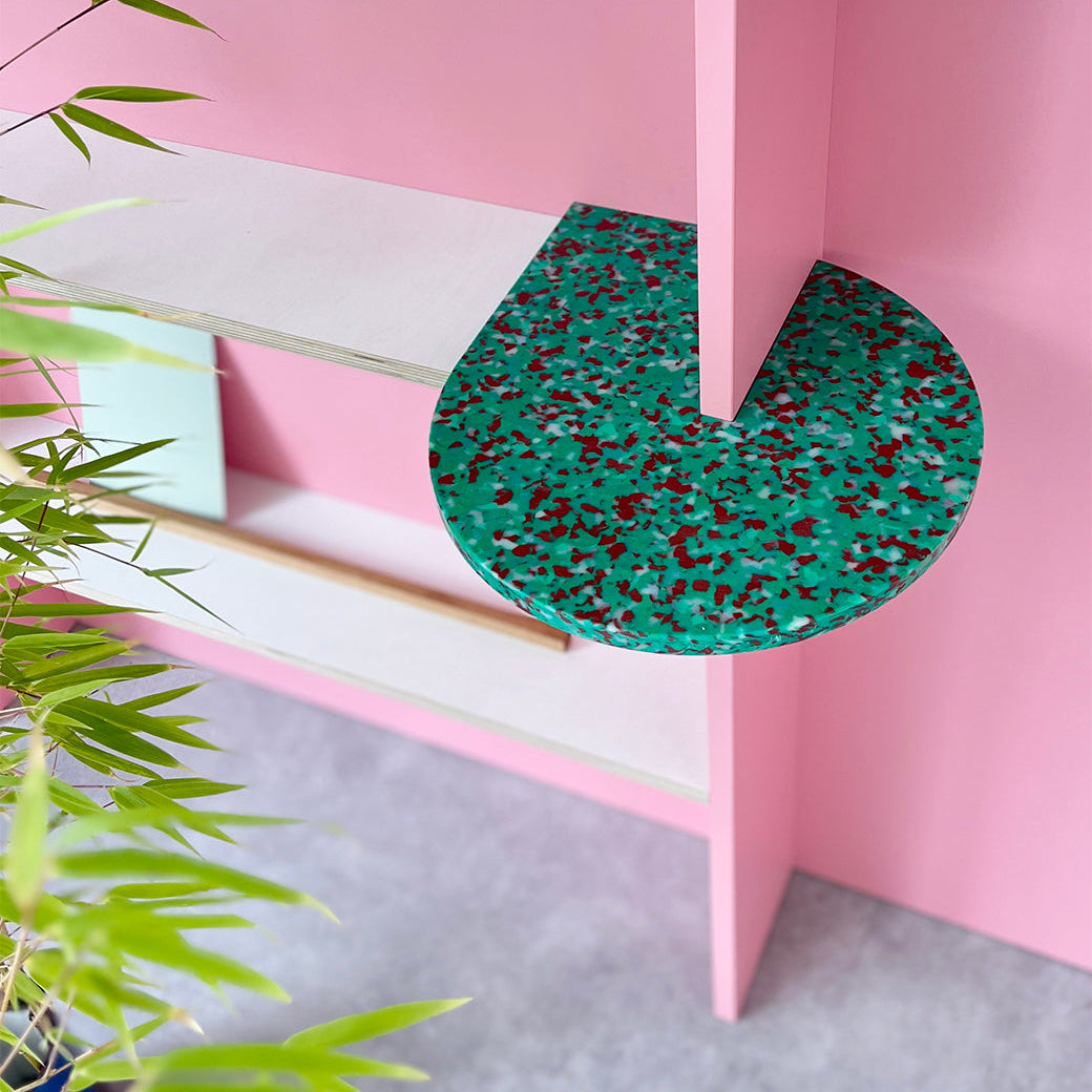 COSTUM SHELF FOR ANNA BRACK INTERIOR IN CAMOUFLAGE BY THE MINIMONO PROJECT - BRAND FOR ECO FRIENDLY - PLAYFUL - MULTI FUNCTIONAL - SUSTAINABLE - HIGH QUALITY - CIRCULAR DESIGN FURNITURE FROM RECYCLED PLASTIC FOR BOTH ADULT AND CHILDREN MADE IN BERLIN GERMANY