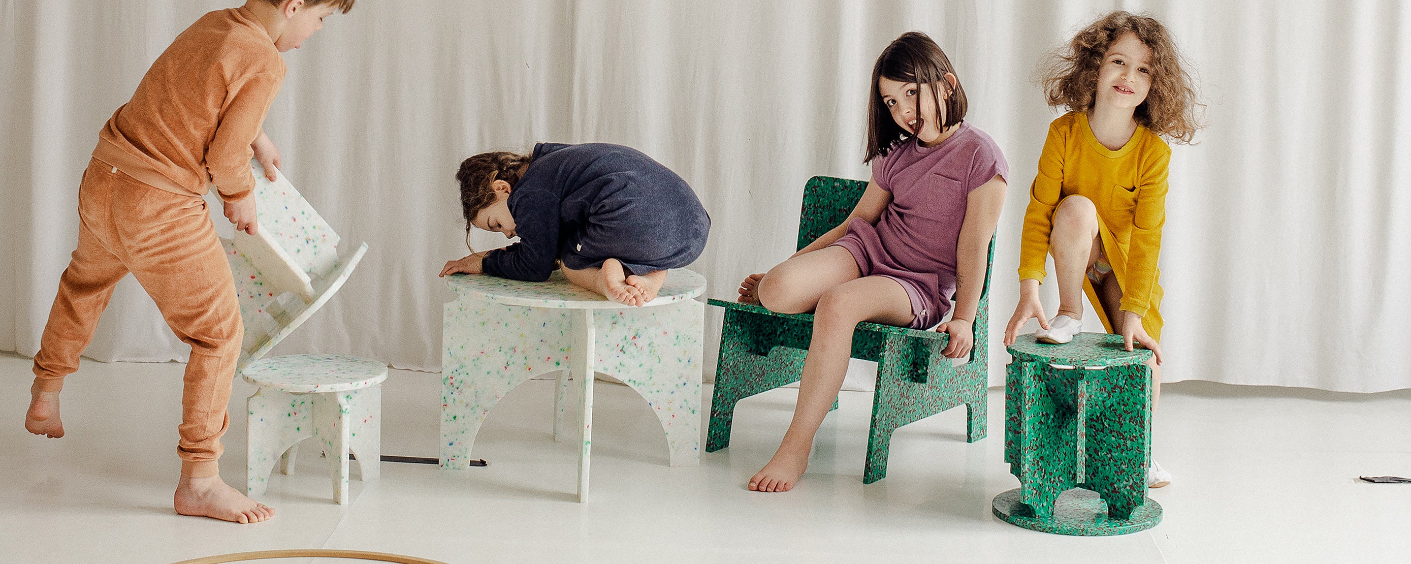 CHAIR TABLE AND STOOL BY THE MINIMONO PROJECT - BRAND FOR ECO FRIENDLY - PLAYFUL - MULTI FUNCTIONAL - SUSTAINABLE - HIGH QUALITY - DESIGN FURNITURE FROM RECYCLED PLASTIC FOR BOTH ADULT AND CHILDREN MADE IN BERLIN GERMANY