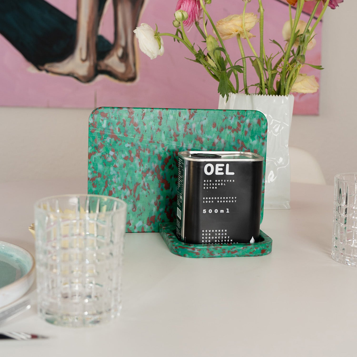 MISE EN PLACE SET FOR OEL BERLIN IN CAMOUFLAGE BY THE MINIMONO PROJECT - BRAND FOR ECO FRIENDLY - PLAYFUL - MULTI FUNCTIONAL - SUSTAINABLE - HIGH QUALITY - CIRCULAR DESIGN FURNITURE FROM RECYCLED PLASTIC FOR BOTH ADULT AND CHILDREN MADE IN BERLIN GERMANY