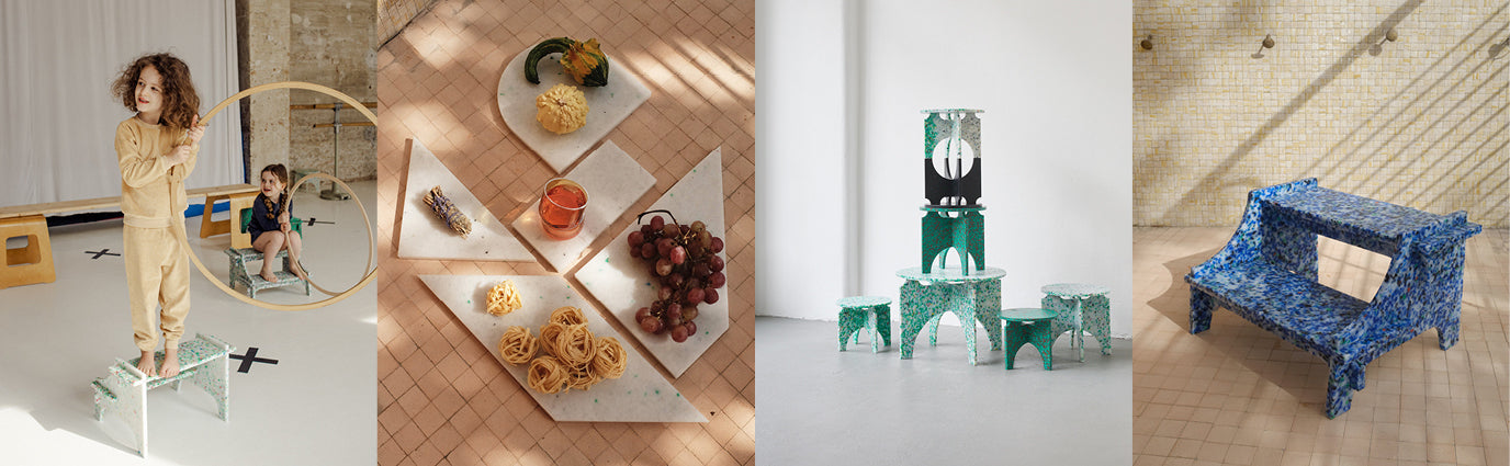 CHAIR, TABLE AND STEP STOOL IN FROST AND AZURITE - CHARCUTERIE BOARDS - TABLE AND CHAIRS BY THE MINIMONO PROJECT - BRAND FOR ECO FRIENDLY - PLAYFUL - MULTI FUNCTIONAL - SUSTAINABLE - HIGH QUALITY - DESIGN FURNITURE FROM RECYCLED PLASTIC FOR BOTH ADULT AND CHILDREN MADE IN BERLIN GERMANY