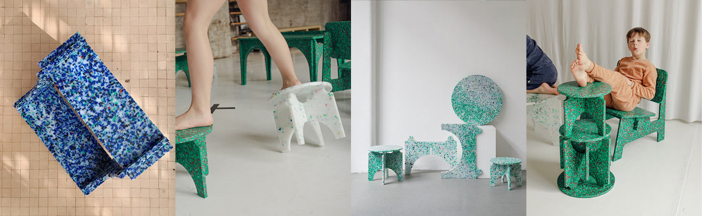 CHAIR, TABLE AND STEP STOOL IN TERRA BY THE MINIMONO PROJECT - BRAND FOR ECO FRIENDLY - PLAYFUL - MULTI FUNCTIONAL - SUSTAINABLE - HIGH QUALITY - DESIGN FURNITURE FROM RECYCLED PLASTIC FOR BOTH ADULT AND CHILDREN MADE IN BERLIN GERMANY