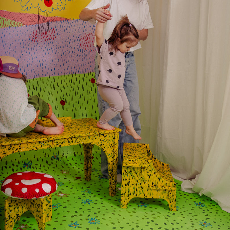 KID ON M2N2 IN SUNBURST YELLOW BY THE MINIMONO PROJECT - BRAND FOR ECO FRIENDLY - PLAYFUL - MULTI FUNCTIONAL - SUSTAINABLE - HIGH QUALITY - CIRCULAR DESIGN FURNITURE FROM RECYCLED PLASTIC FOR BOTH ADULT AND CHILDREN MADE IN BERLIN GERMANY
