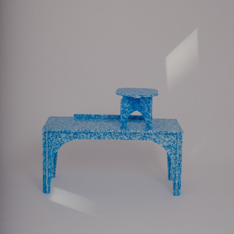M4N1 BENCH OR KIDS DESK AND M1N1 STOOL IN ARTIC BLUE BY THE MINIMONO PROJECT - BRAND FOR ECO FRIENDLY - PLAYFUL - MULTI FUNCTIONAL - SUSTAINABLE - HIGH QUALITY - CIRCULAR DESIGN FURNITURE FROM RECYCLED PLASTIC FOR BOTH ADULT AND CHILDREN MADE IN BERLIN GERMANY
