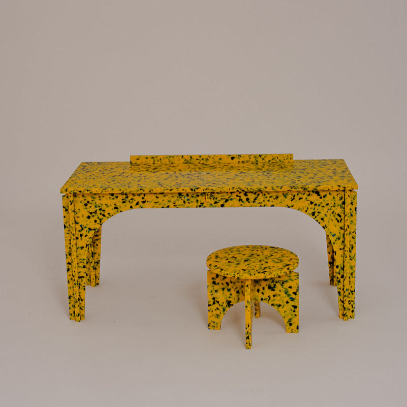 M4N1 BENCH OR KIDS DESK AND M1N1 STOOL IN SUNBURST YELLOW BY THE MINIMONO PROJECT - BRAND FOR ECO FRIENDLY - PLAYFUL - MULTI FUNCTIONAL - SUSTAINABLE - HIGH QUALITY - CIRCULAR DESIGN FURNITURE FROM RECYCLED PLASTIC FOR BOTH ADULT AND CHILDREN MADE IN BERLIN GERMANY
