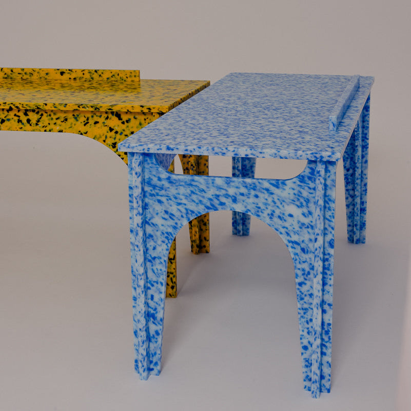 M4N1 BENCH OR KIDS DESK IN ARTIC BLUE AND SUNBURST YELLOW BY THE MINIMONO PROJECT - BRAND FOR ECO FRIENDLY - PLAYFUL - MULTI FUNCTIONAL - SUSTAINABLE - HIGH QUALITY - CIRCULAR DESIGN FURNITURE FROM RECYCLED PLASTIC FOR BOTH ADULT AND CHILDREN MADE IN BERLIN GERMANY