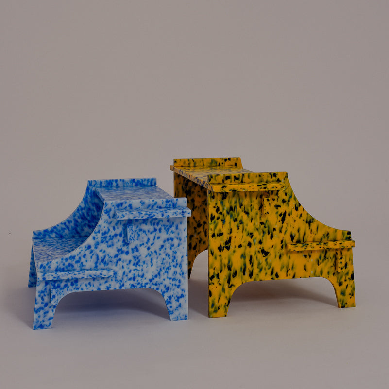 M2N1 IN ARTIC BLUE AND M2N2 IN SUNBURST YELLOW BY THE MINIMONO PROJECT - BRAND FOR ECO FRIENDLY - PLAYFUL - MULTI FUNCTIONAL - SUSTAINABLE - HIGH QUALITY - CIRCULAR DESIGN FURNITURE FROM RECYCLED PLASTIC FOR BOTH ADULT AND CHILDREN MADE IN BERLIN GERMANY