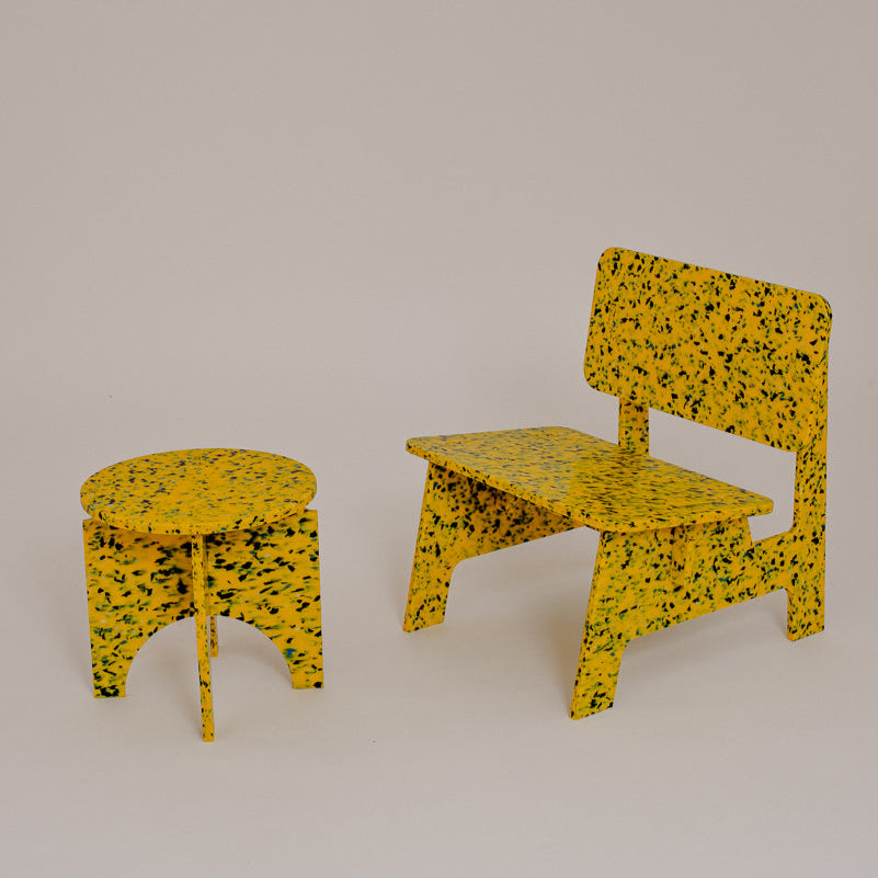 M1N2 STOOL AND M3N1 CHAIR IN SUNBURST YELLOW BY THE MINIMONO PROJECT - BRAND FOR ECO FRIENDLY - PLAYFUL - MULTI FUNCTIONAL - SUSTAINABLE - HIGH QUALITY - CIRCULAR DESIGN FURNITURE FROM RECYCLED PLASTIC FOR BOTH ADULT AND CHILDREN MADE IN BERLIN GERMANY