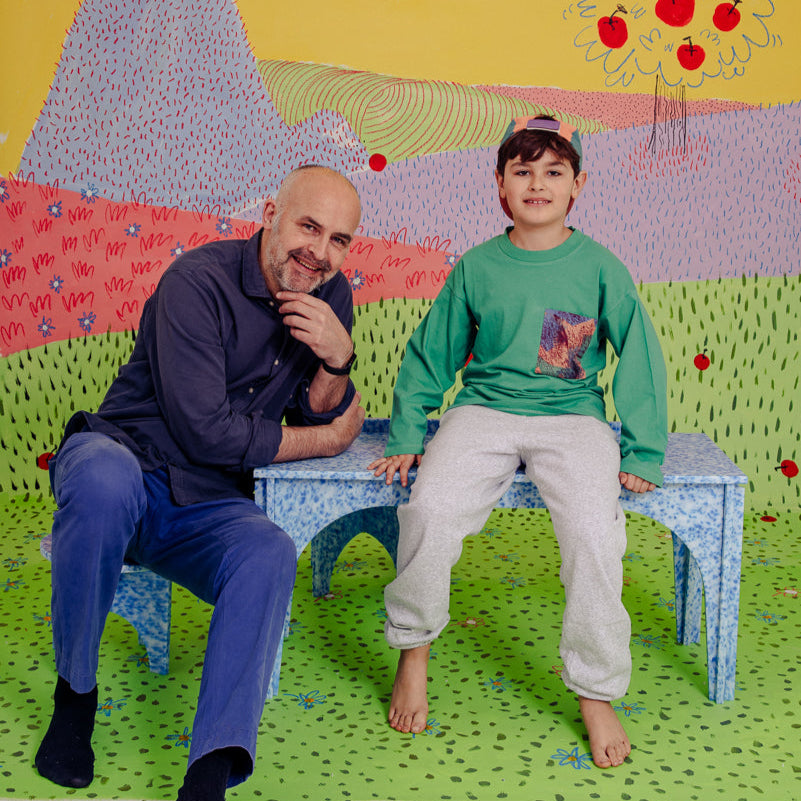 SEBASTIAN SIEBZEHNRÜBL AND SON WITH M4N1 BENCH OR KIDS DESK IN ARTIC BLUE BY THE MINIMONO PROJECT - BRAND FOR ECO FRIENDLY - PLAYFUL - MULTI FUNCTIONAL - SUSTAINABLE - HIGH QUALITY - CIRCULAR DESIGN FURNITURE FROM RECYCLED PLASTIC FOR BOTH ADULT AND CHILDREN MADE IN BERLIN GERMANY