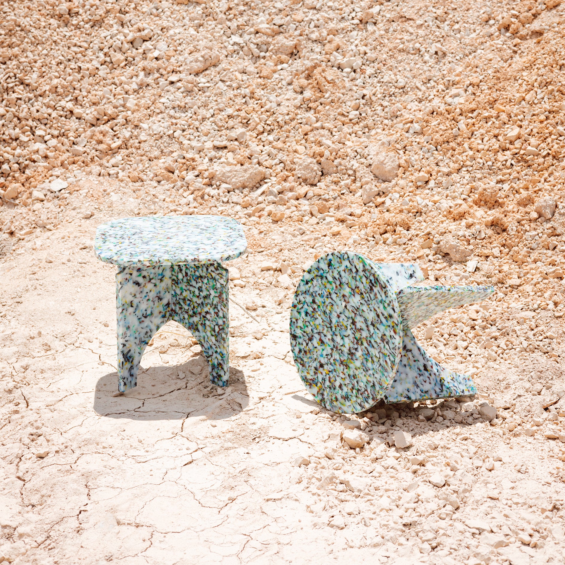 TWO COLOURFUL STOOLS BY THE MINIMONO PROJECT - BRAND FOR ECO FRIENDLY - PLAYFUL - MULTI FUNCTIONAL - SUSTAINABLE - HIGH QUALITY - DESIGN FURNITURE FROM RECYCLED PLASTIC FOR BOTH ADULT AND CHILDREN MADE IN BERLIN GERMANY