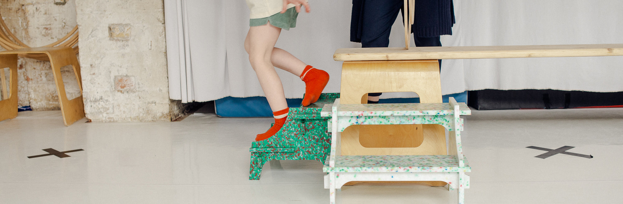 STEP STOOL IN CAMOUFLAGE AND CONFETTI BY THE MINIMONO PROJECT - BRAND FOR ECO FRIENDLY - PLAYFUL - MULTI FUNCTIONAL - SUSTAINABLE - HIGH QUALITY - DESIGN FURNITURE FROM RECYCLED PLASTIC FOR BOTH ADULT AND CHILDREN MADE IN BERLIN GERMANY