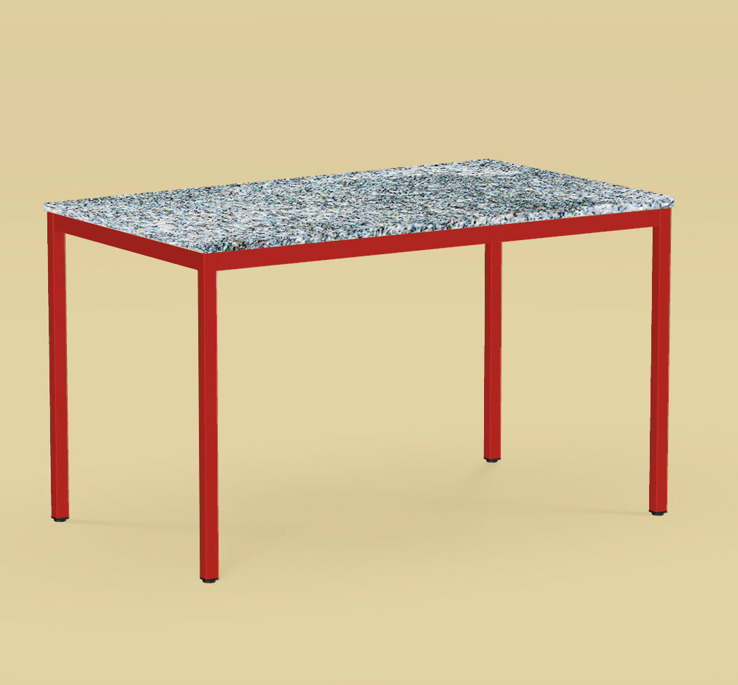 HIGH TABLE WITH COLOURFUL TOP AND RED LEGS BY THE MINIMONO PROJECT - BRAND FOR ECO FRIENDLY - PLAYFUL - MULTI FUNCTIONAL - SUSTAINABLE - HIGH QUALITY - DESIGN FURNITURE FROM RECYCLED PLASTIC FOR BOTH ADULT AND CHILDREN MADE IN BERLIN GERMANY