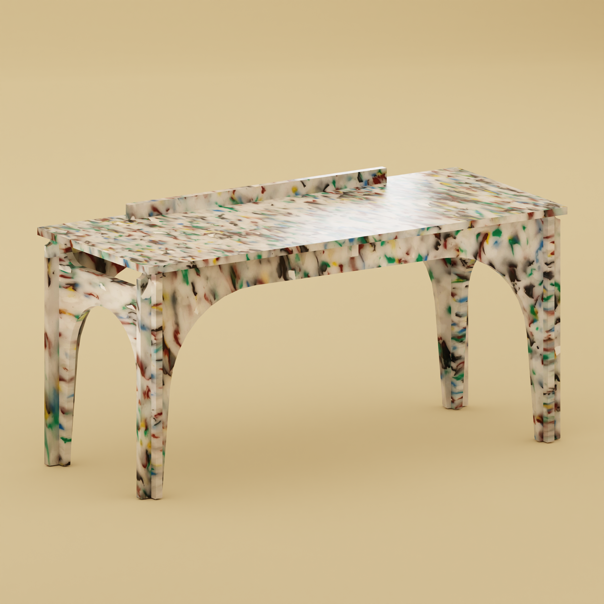 RENDER OF COLOURFUL BENCH KIDS DESK BY THE MINIMONO PROJECT - BRAND FOR ECO FRIENDLY - PLAYFUL - MULTI FUNCTIONAL - SUSTAINABLE - HIGH QUALITY - DESIGN FURNITURE FROM RECYCLED PLASTIC FOR BOTH ADULT AND CHILDREN MADE IN BERLIN GERMANY