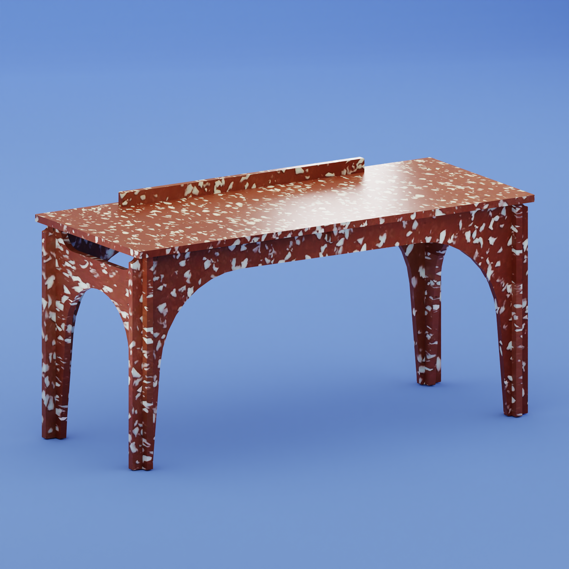 RENDER OF RED BENCH KIDS DESK BY THE MINIMONO PROJECT - BRAND FOR ECO FRIENDLY - PLAYFUL - MULTI FUNCTIONAL - SUSTAINABLE - HIGH QUALITY - DESIGN FURNITURE FROM RECYCLED PLASTIC FOR BOTH ADULT AND CHILDREN MADE IN BERLIN GERMANY