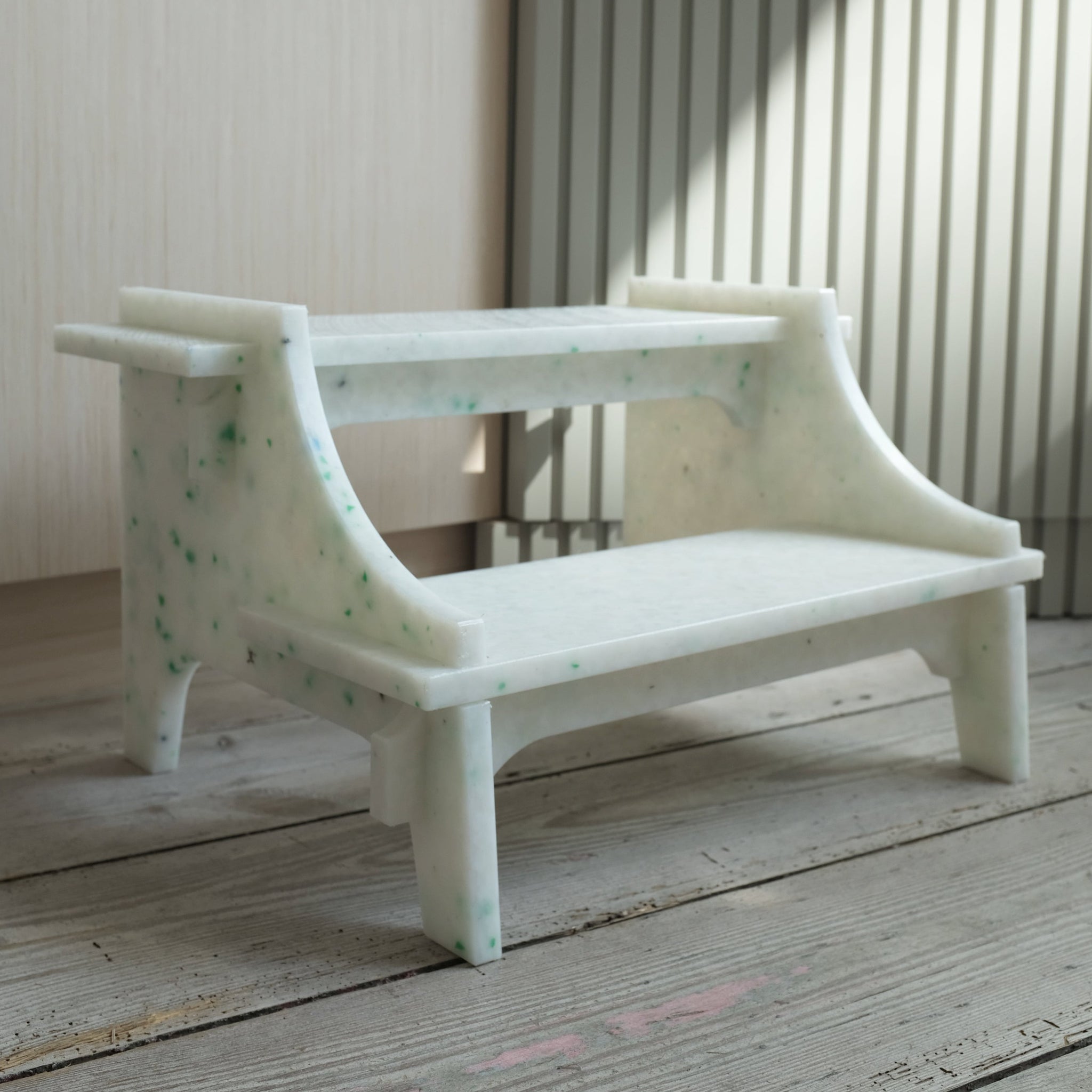 WHITE SMALL STEP STOOL BY THE MINIMONO PROJECT - BRAND FOR ECO FRIENDLY - PLAYFUL - MULTI FUNCTIONAL - SUSTAINABLE - HIGH QUALITY - DESIGN FURNITURE FROM RECYCLED PLASTIC FOR BOTH ADULT AND CHILDREN MADE IN BERLIN GERMANY