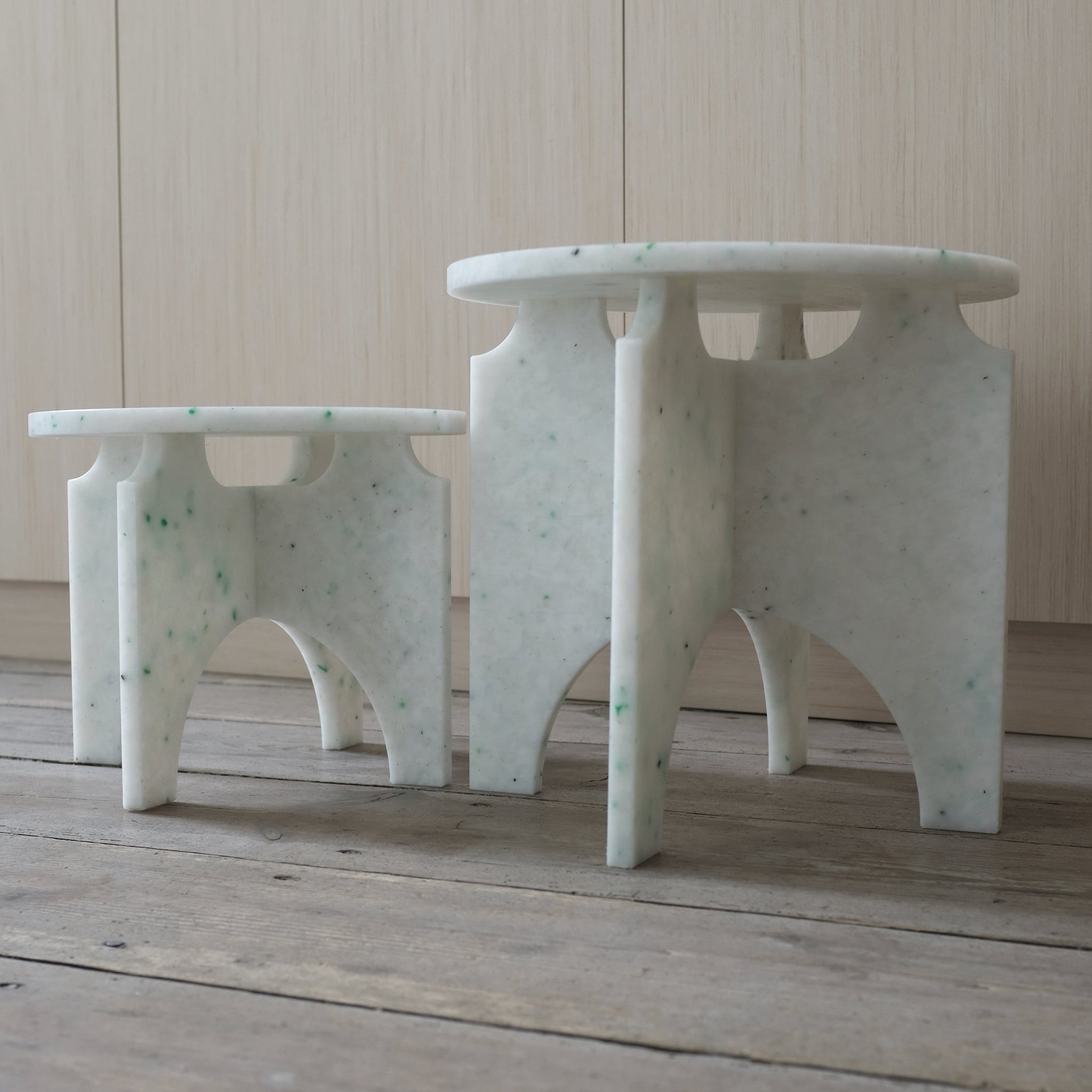 TWO WHITE STOOLS BY THE MINIMONO PROJECT - BRAND FOR ECO FRIENDLY - PLAYFUL - MULTI FUNCTIONAL - SUSTAINABLE - HIGH QUALITY - DESIGN FURNITURE FROM RECYCLED PLASTIC FOR BOTH ADULT AND CHILDREN MADE IN BERLIN GERMANY