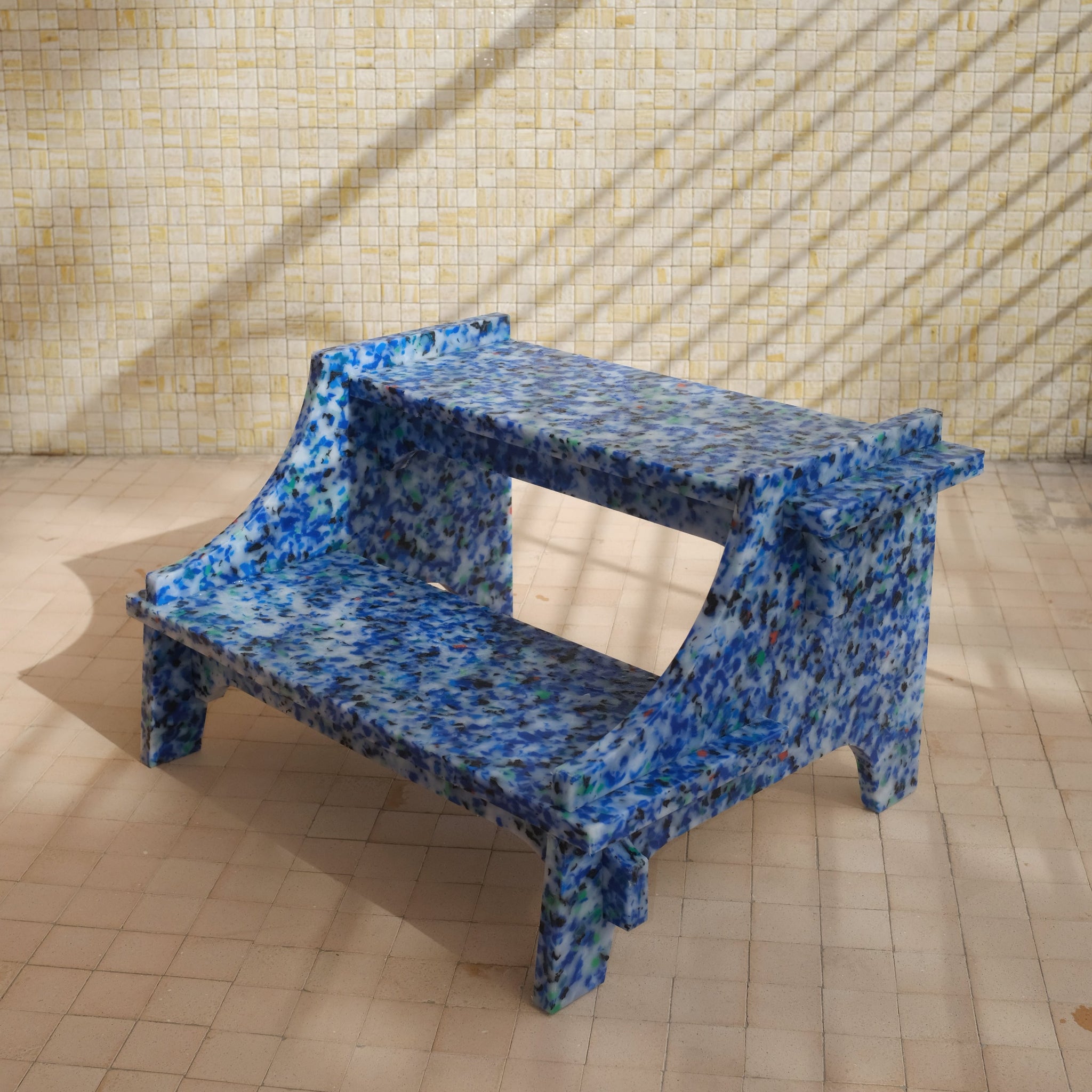 BLUE SMALL STEP STOOL BY THE MINIMONO PROJECT - BRAND FOR ECO FRIENDLY - PLAYFUL - MULTI FUNCTIONAL - SUSTAINABLE - HIGH QUALITY - DESIGN FURNITURE FROM RECYCLED PLASTIC FOR BOTH ADULT AND CHILDREN MADE IN BERLIN GERMANY