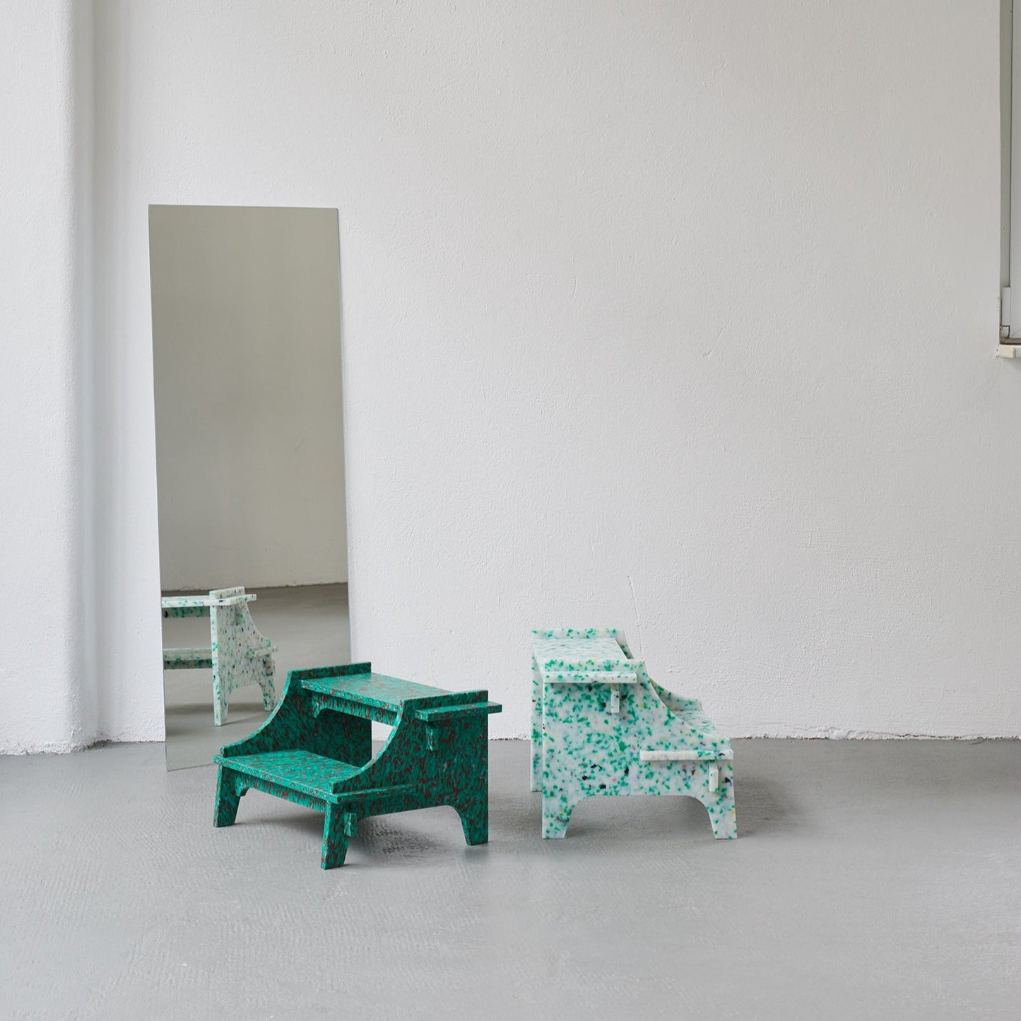TWO DIFFERENT STEP STOOLS BY THE MINIMONO PROJECT - BRAND FOR ECO FRIENDLY - PLAYFUL - MULTI FUNCTIONAL - SUSTAINABLE - HIGH QUALITY - DESIGN FURNITURE FROM RECYCLED PLASTIC FOR BOTH ADULT AND CHILDREN MADE IN BERLIN GERMANY