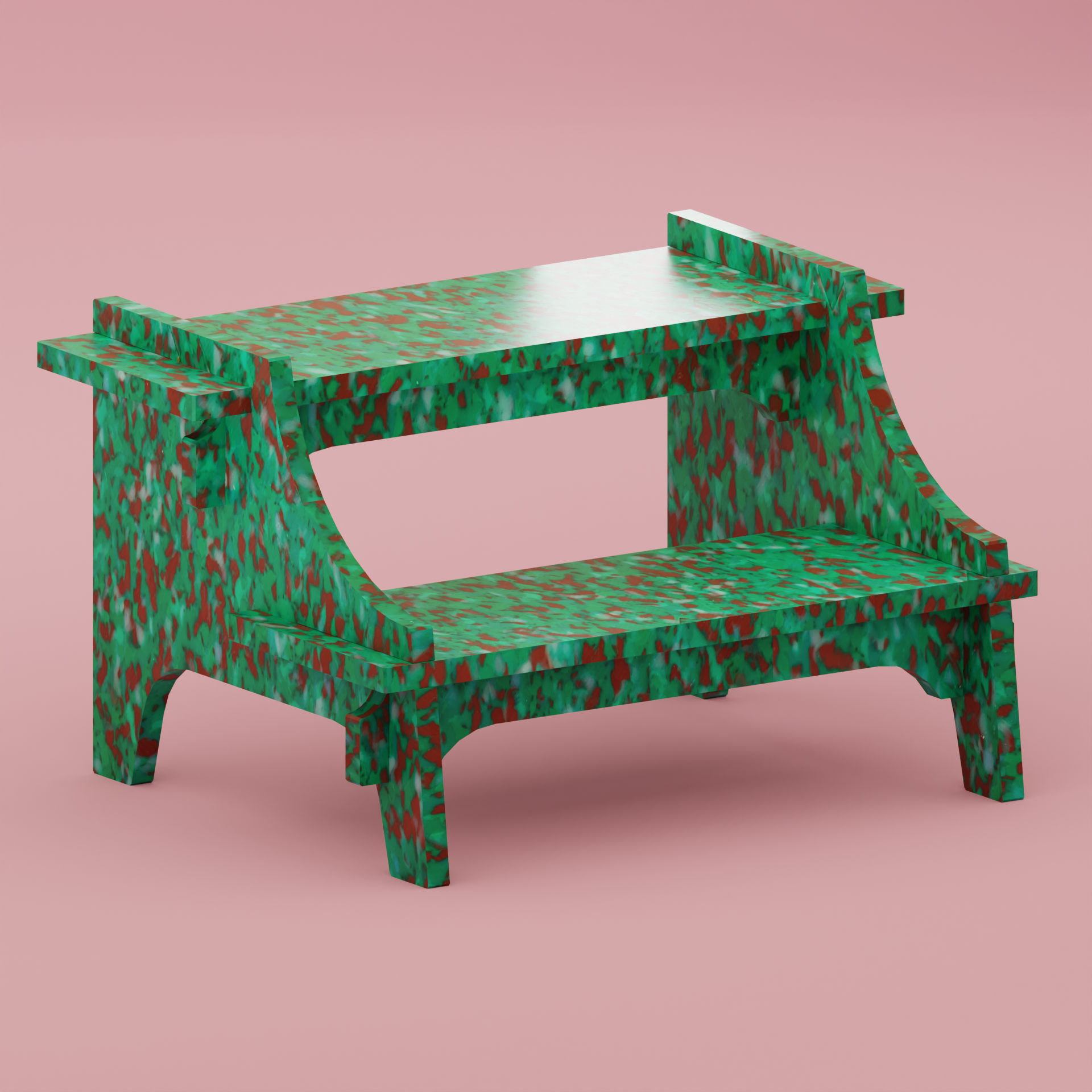 RENDER OF GREEN STEP STOOL BY THE MINIMONO PROJECT - BRAND FOR ECO FRIENDLY - PLAYFUL - MULTI FUNCTIONAL - SUSTAINABLE - HIGH QUALITY - DESIGN FURNITURE FROM RECYCLED PLASTIC FOR BOTH ADULT AND CHILDREN MADE IN BERLIN GERMANY
