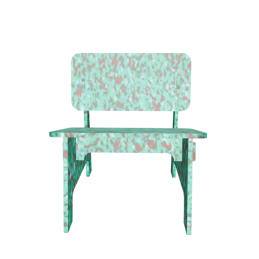 FRONT RENDER OF GREEN CHAIR BY THE MINIMONO PROJECT - BRAND FOR ECO FRIENDLY - PLAYFUL - MULTI FUNCTIONAL - SUSTAINABLE - HIGH QUALITY - DESIGN FURNITURE FROM RECYCLED PLASTIC FOR BOTH ADULT AND CHILDREN MADE IN BERLIN GERMANY