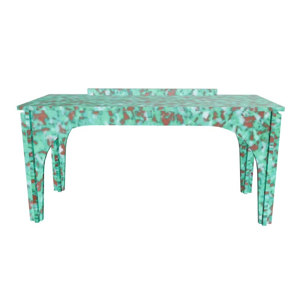 FRONT RENDER OF GREEN BENCH KIDS DESK BY THE MINIMONO PROJECT - BRAND FOR ECO FRIENDLY - PLAYFUL - MULTI FUNCTIONAL - SUSTAINABLE - HIGH QUALITY - DESIGN FURNITURE FROM RECYCLED PLASTIC FOR BOTH ADULT AND CHILDREN MADE IN BERLIN GERMANY