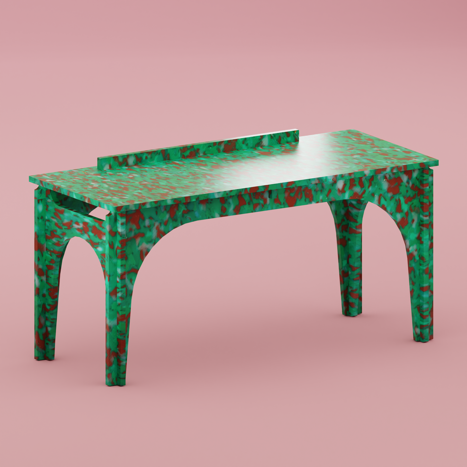 RENDER OF GREEN BENCH KIDS DESK BY THE MINIMONO PROJECT - BRAND FOR ECO FRIENDLY - PLAYFUL - MULTI FUNCTIONAL - SUSTAINABLE - HIGH QUALITY - DESIGN FURNITURE FROM RECYCLED PLASTIC FOR BOTH ADULT AND CHILDREN MADE IN BERLIN GERMANY